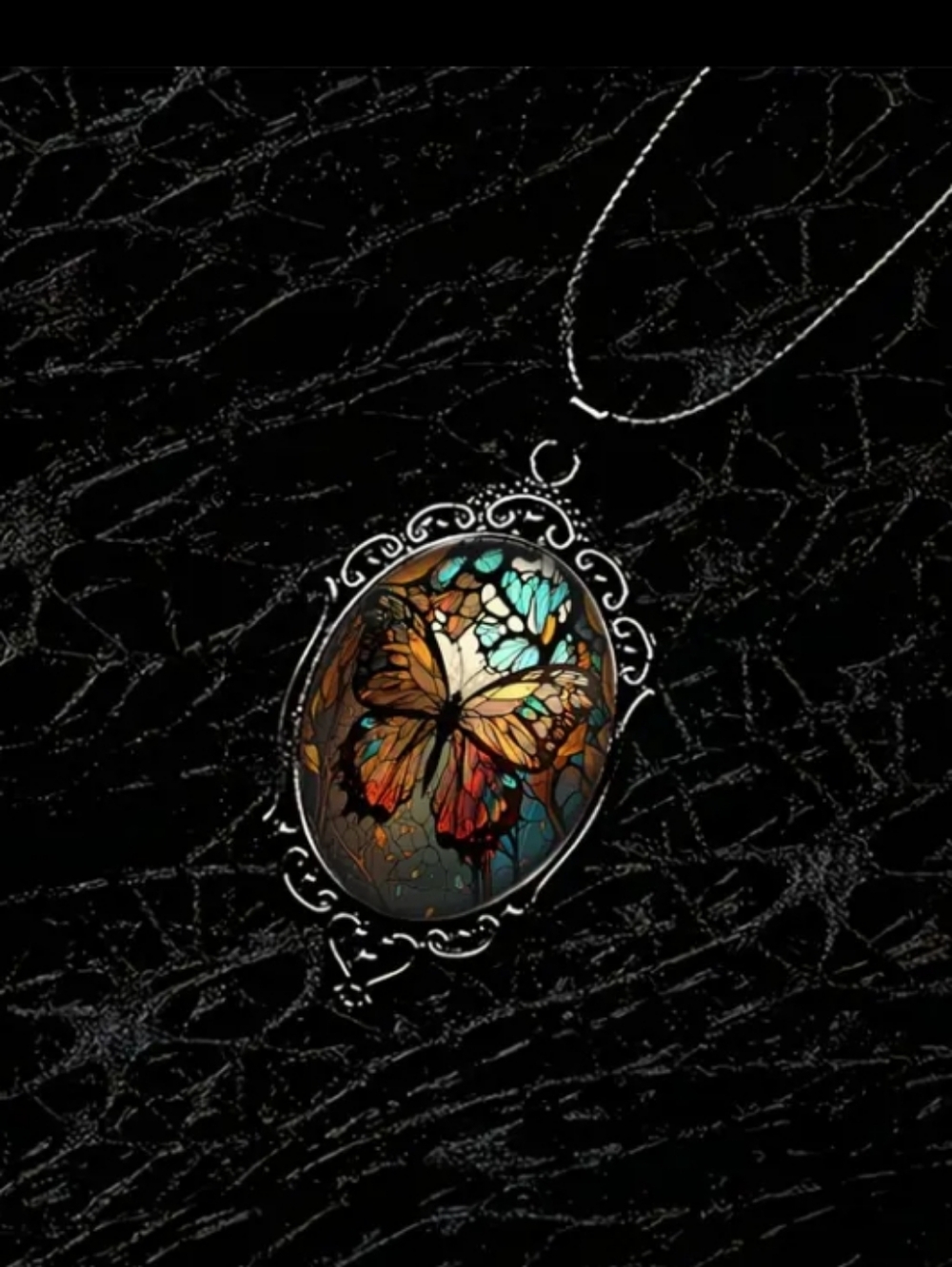 Vintage Butterfly Glass Pendant Necklace in Black - Picture 2 of 4